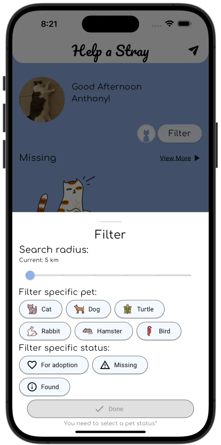 Screenshot showing the filtering functionality of the app