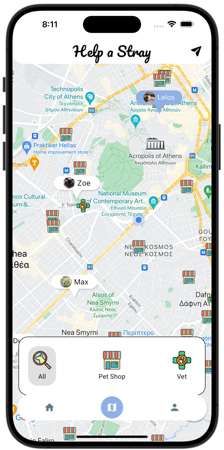 Screenshot presenting the map with pets and nearby stores on the help a stray application